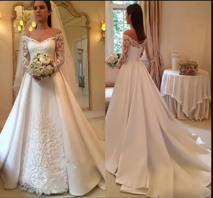 A Line Satin Lace Off the Shoulder Wedding Dresses Vintage Bridal Gown WD662