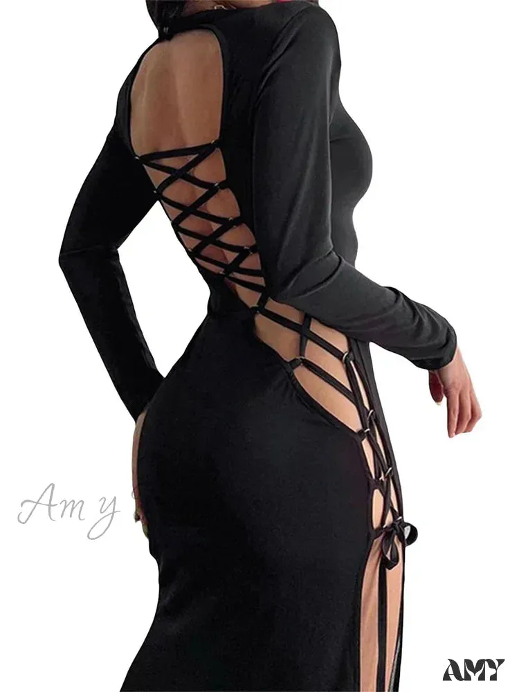 Amy Fashion - Sexy Women Hollow Out Backless  Summer  Sleeve High Split  Tie Up Round Neck Party Vestidos