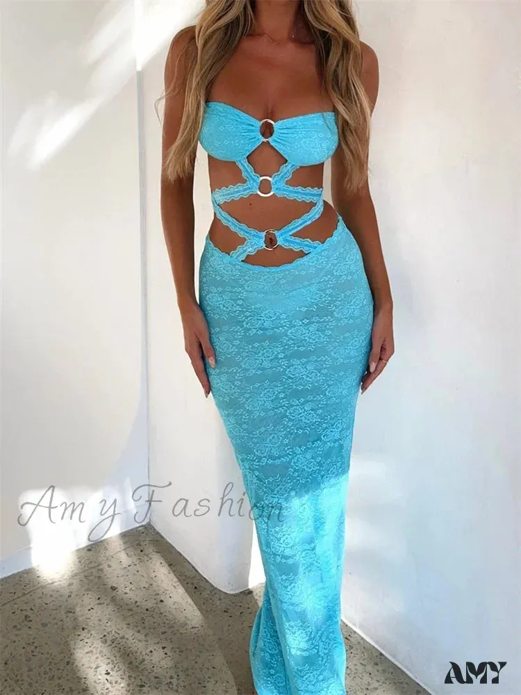 Amy Fashion - Sexy Women  Lace Hollow-Out Strapless Off Shoulder Tube Summer Backless Fashion Party Female Vestidos