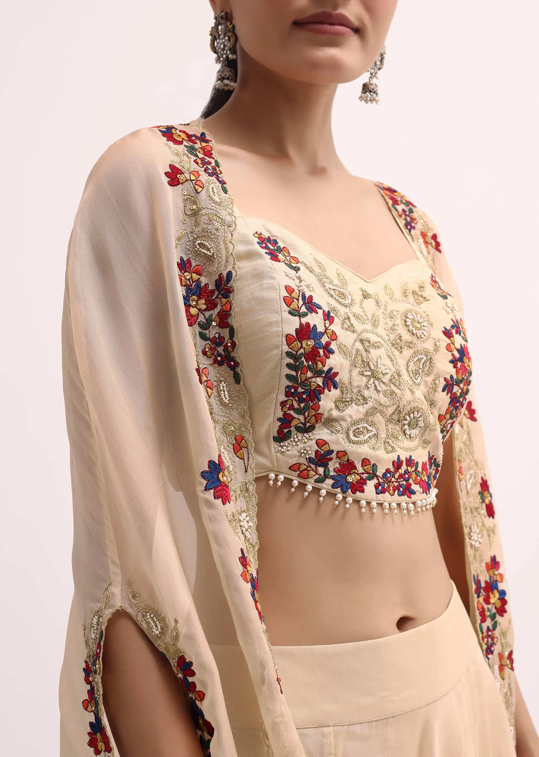Beige Embroidered Crop Top And Skirt Set