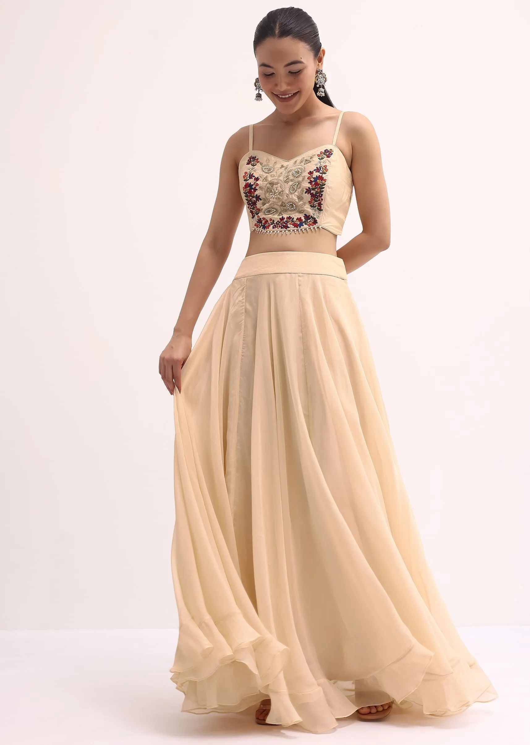Beige Embroidered Crop Top And Skirt Set