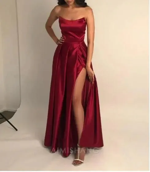 Elegant Burgundy A-Line Long Prom Dress with slit Evening Party Gown Women's Dresses