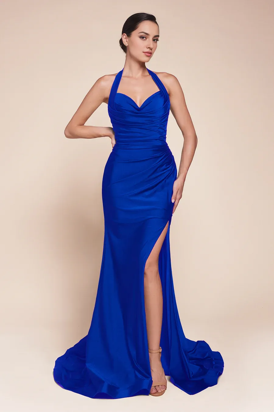 Elegant Evening Dress Satin Fitted Long Halter Slit Dress formal women's dresses