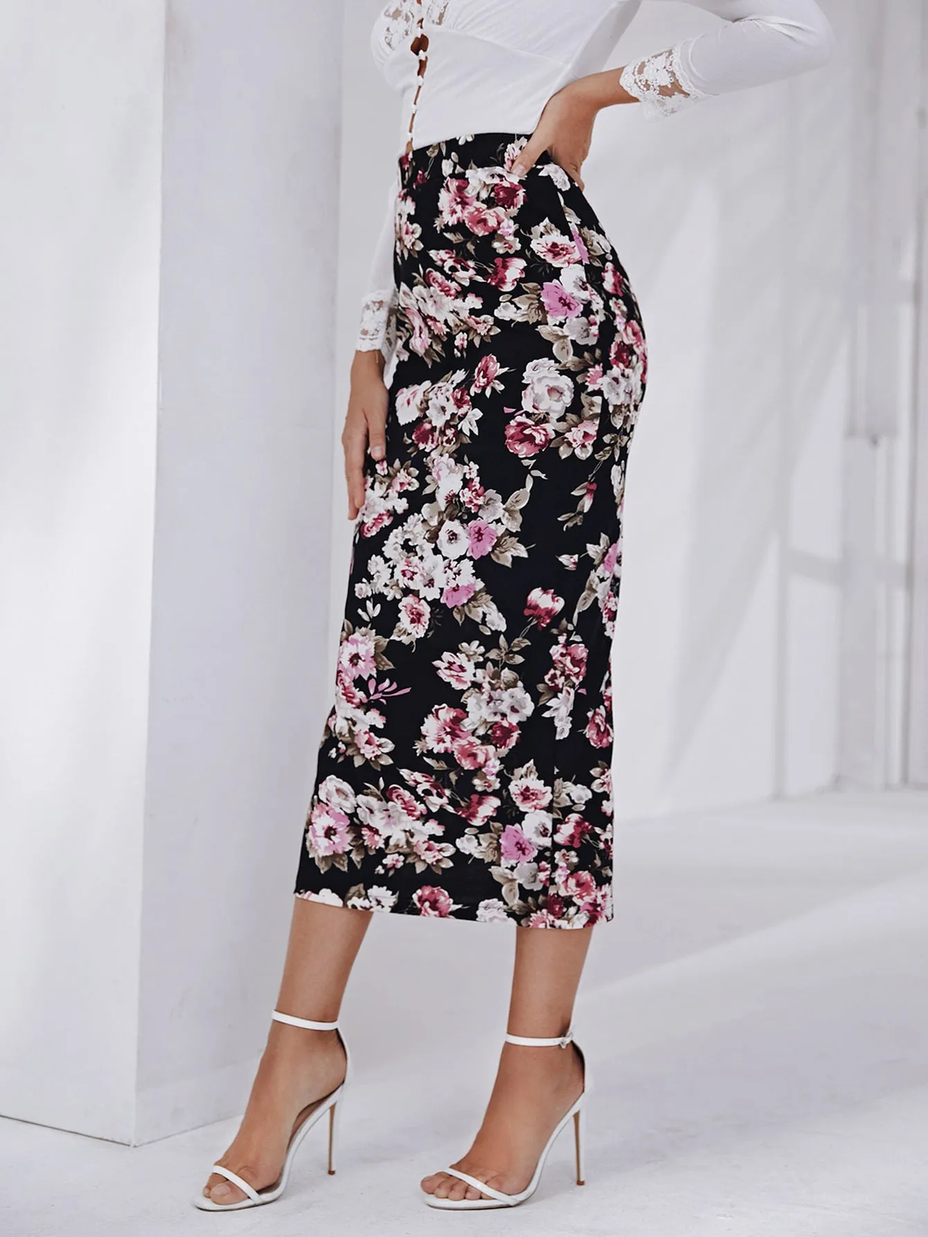 Elegant Floral High Waist Long Women Skirt