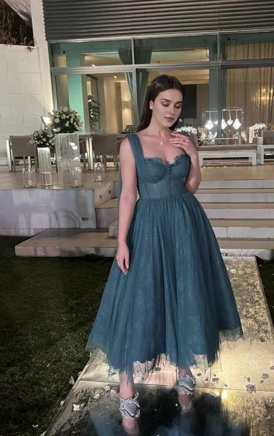 Elegant Formal Women's Dresses Blue A Line Tulle Prom Dress Lace Evening Party Gown