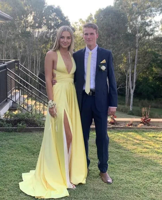 Elegant Formal Women's Dresses Deep V Neck Yellow A Line Long Prom Dress With Slit