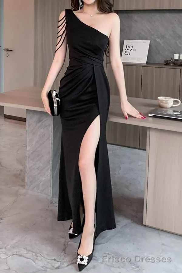Elegant One-Shoulder Satin Long Prom Dress With Slit Bodycon Dresses