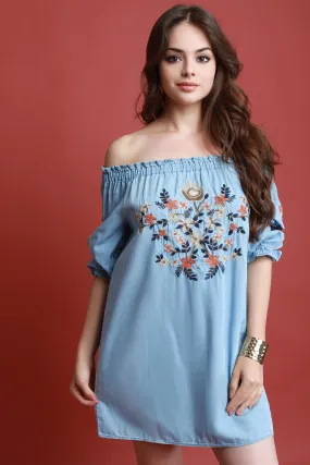 Floral Embroidery Bardot Chambray Shift Dress