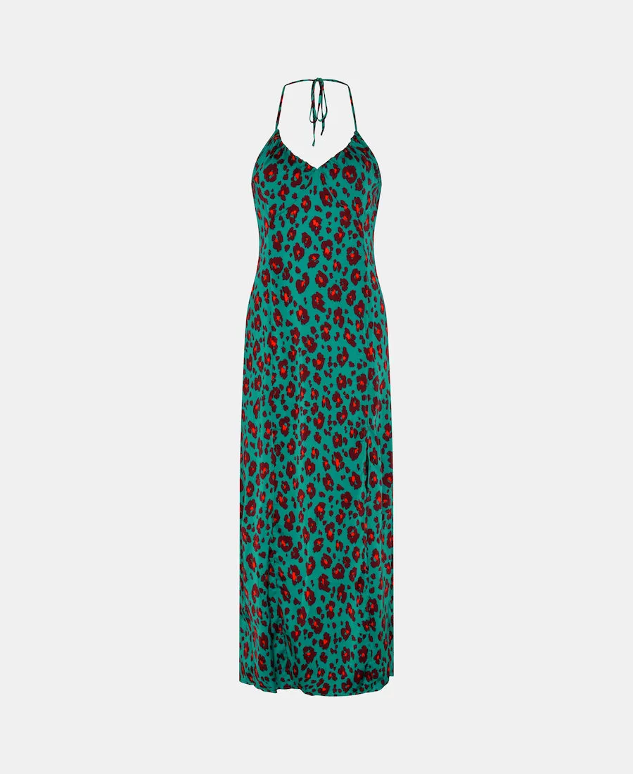 Green Leopard Ruched Bust Detail Maxi