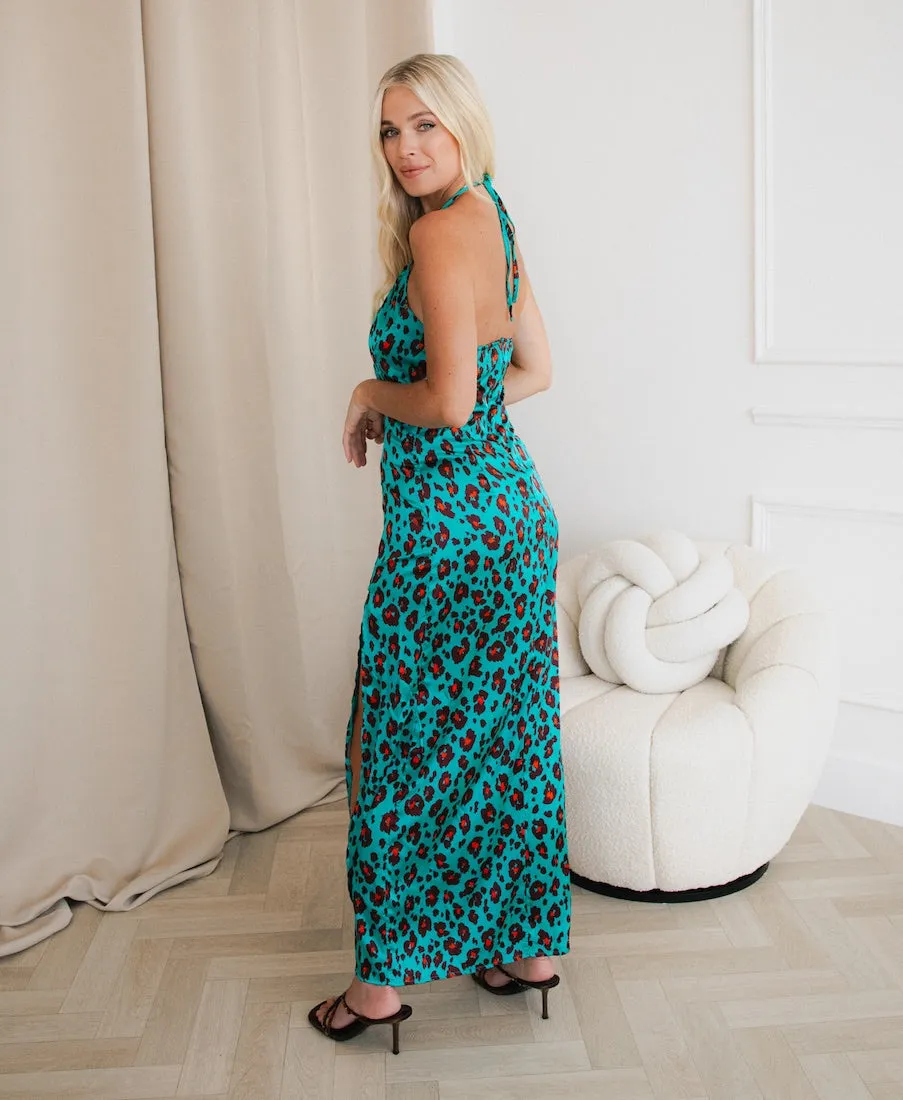 Green Leopard Ruched Bust Detail Maxi