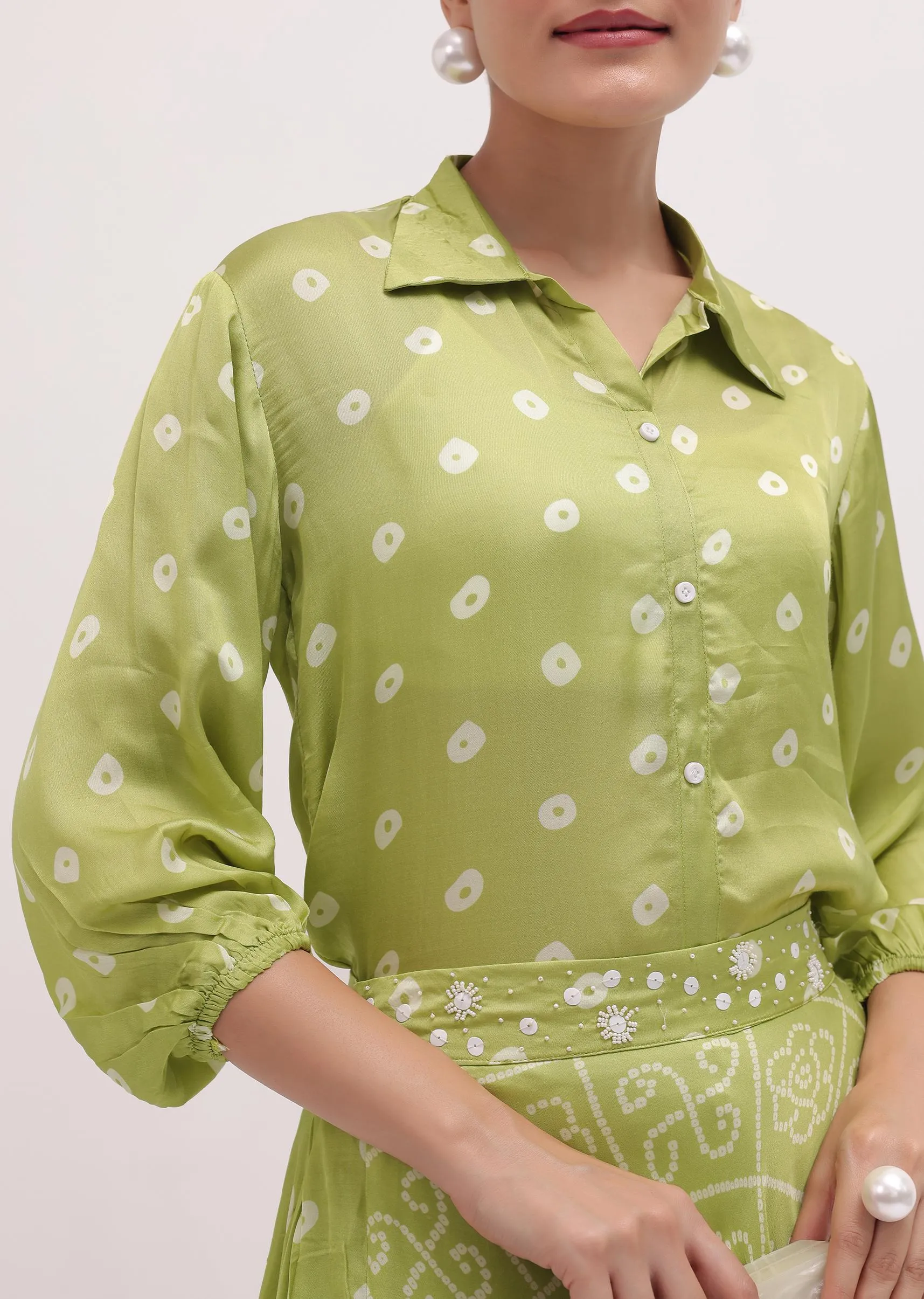 Green Printed Crepe Shirt And Skirt