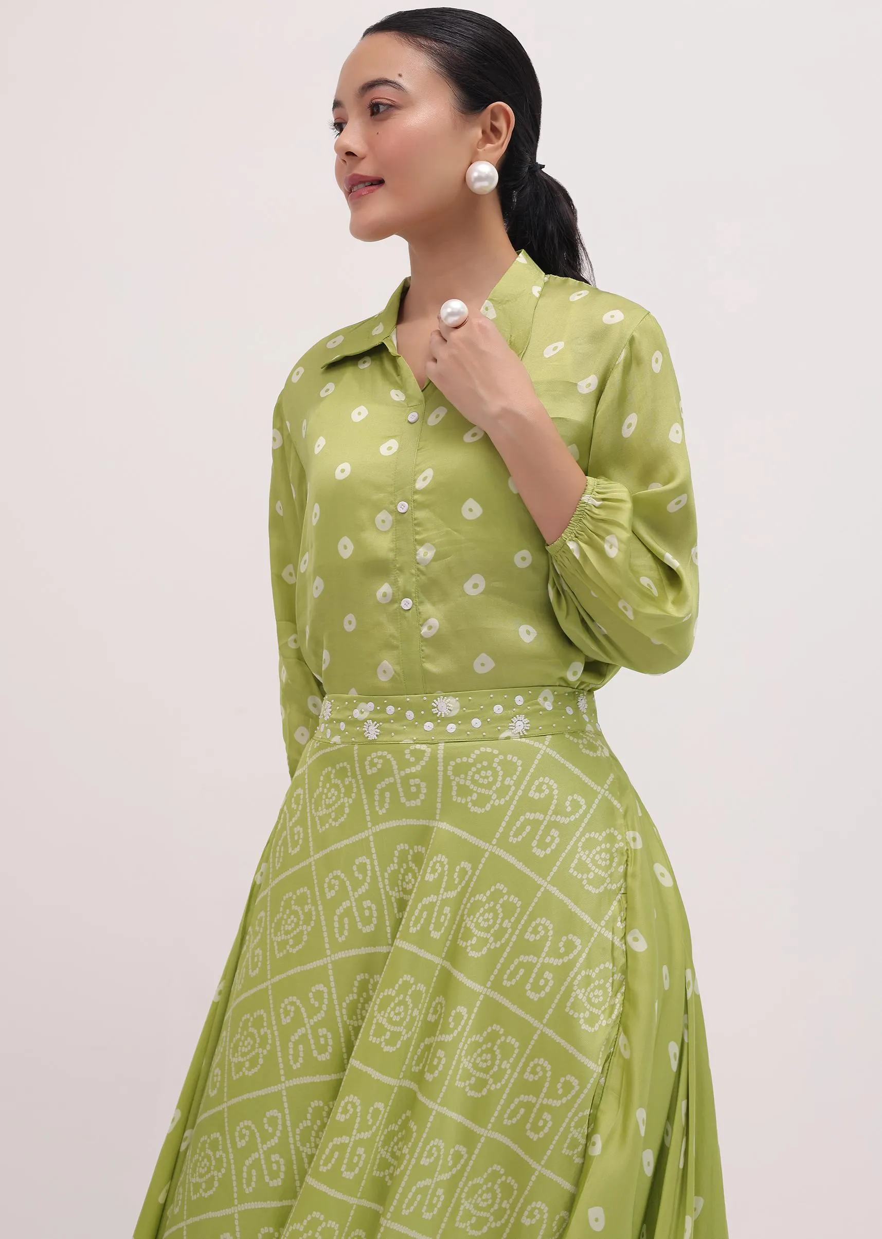 Green Printed Crepe Shirt And Skirt