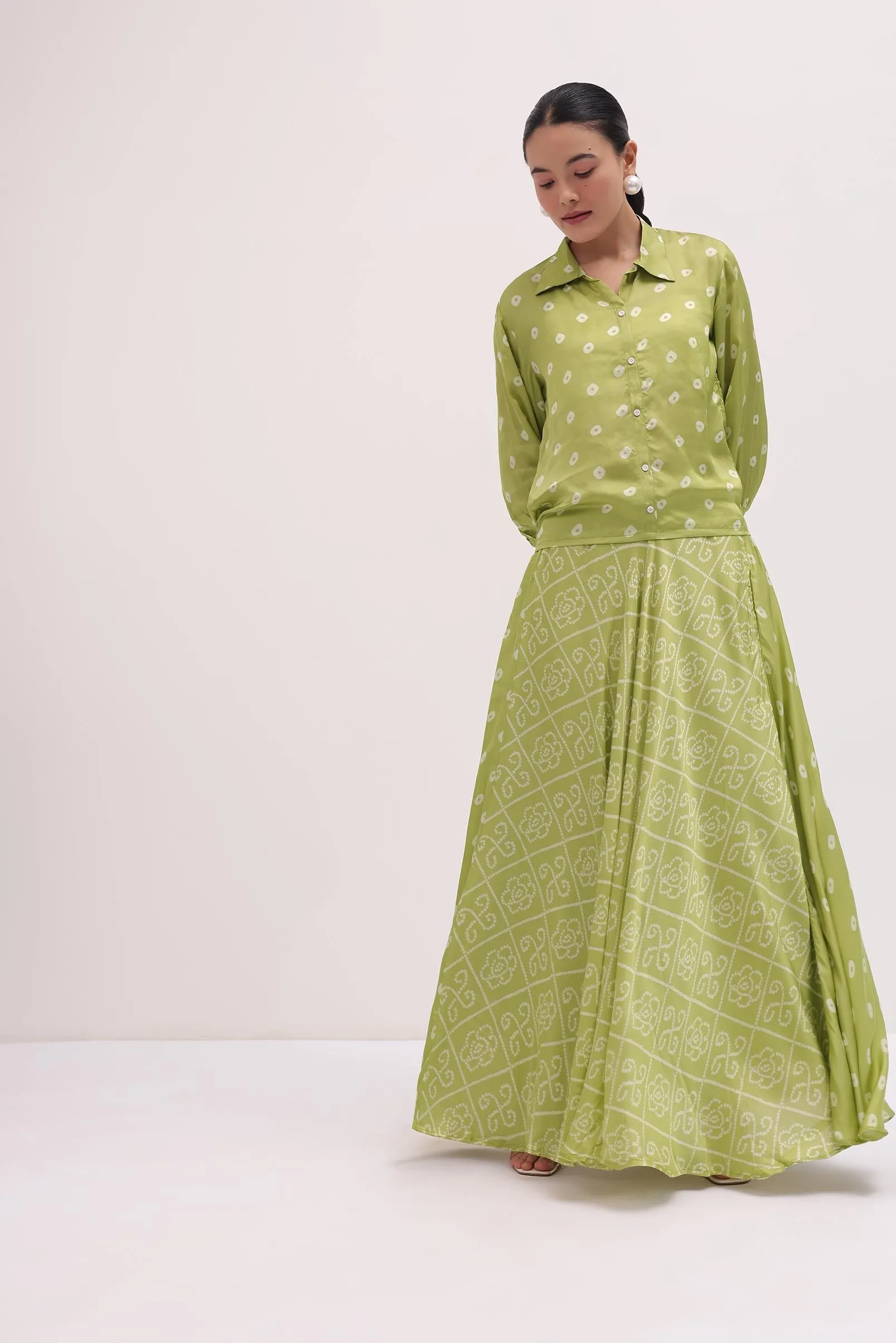 Green Printed Crepe Shirt And Skirt