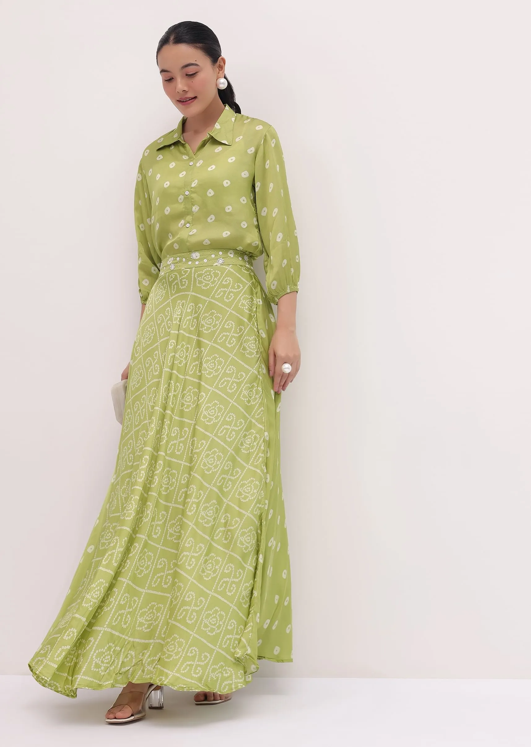 Green Printed Crepe Shirt And Skirt