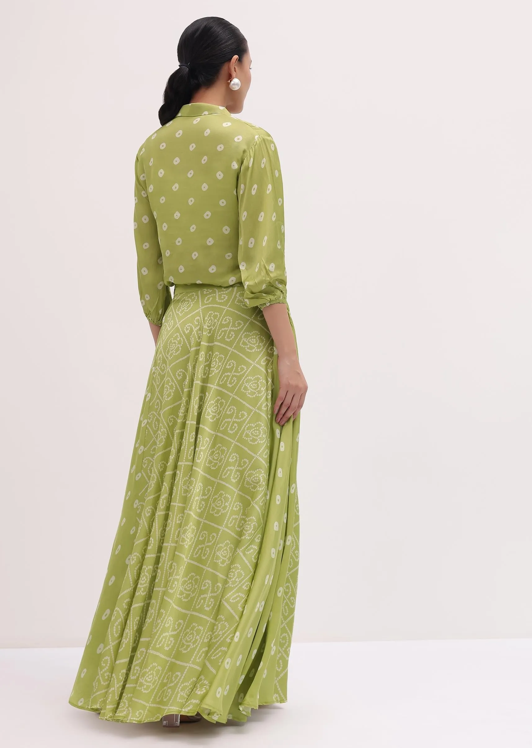 Green Printed Crepe Shirt And Skirt