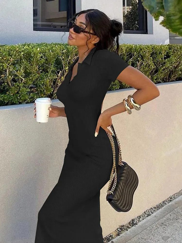 Hirigin Backless Cut Out Tie Up Short Sleeve Knitted Midi Dress