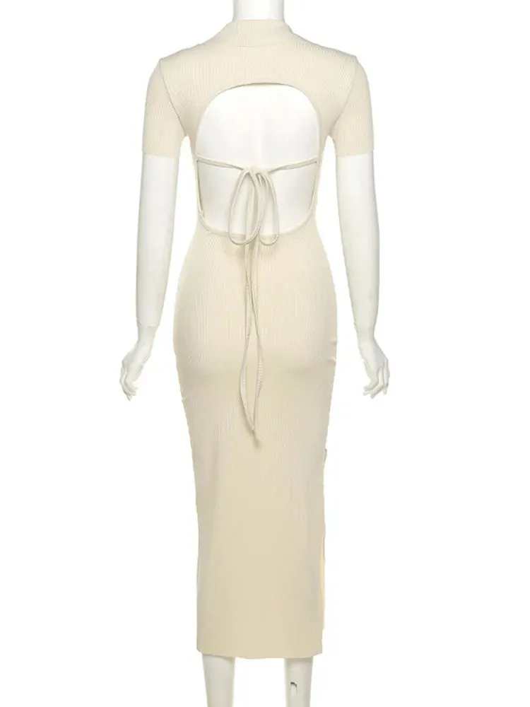 Hirigin Backless Cut Out Tie Up Short Sleeve Knitted Midi Dress