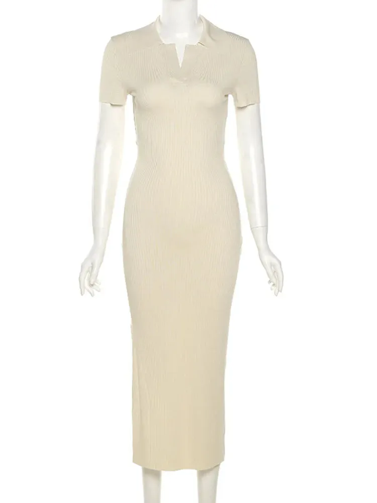 Hirigin Backless Cut Out Tie Up Short Sleeve Knitted Midi Dress