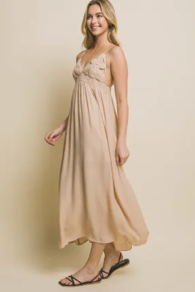 Khaki Spaghetti Strap Midi Dress With Flower Design