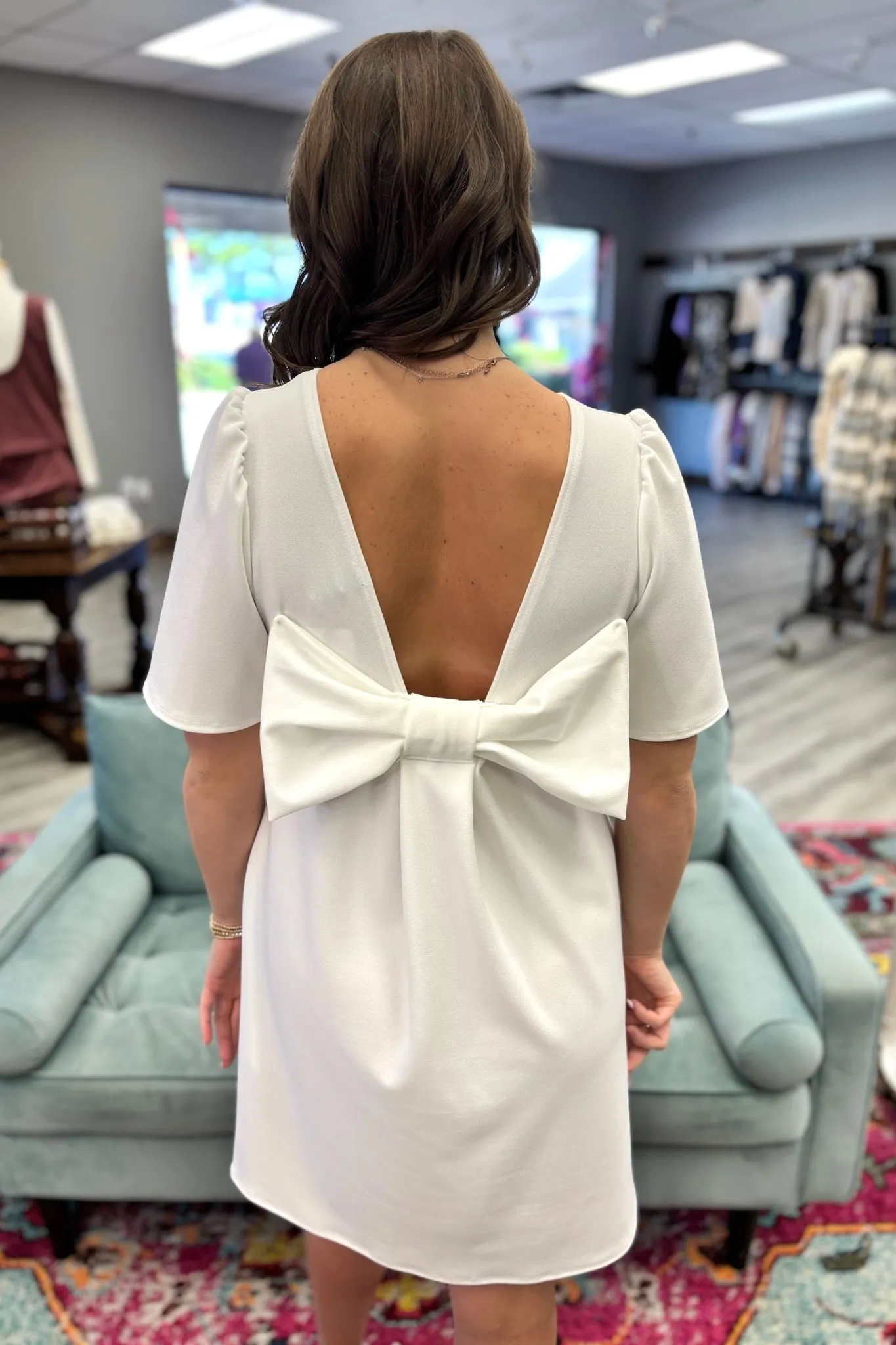 SAVANNAH Bow Back Shift Dress- White