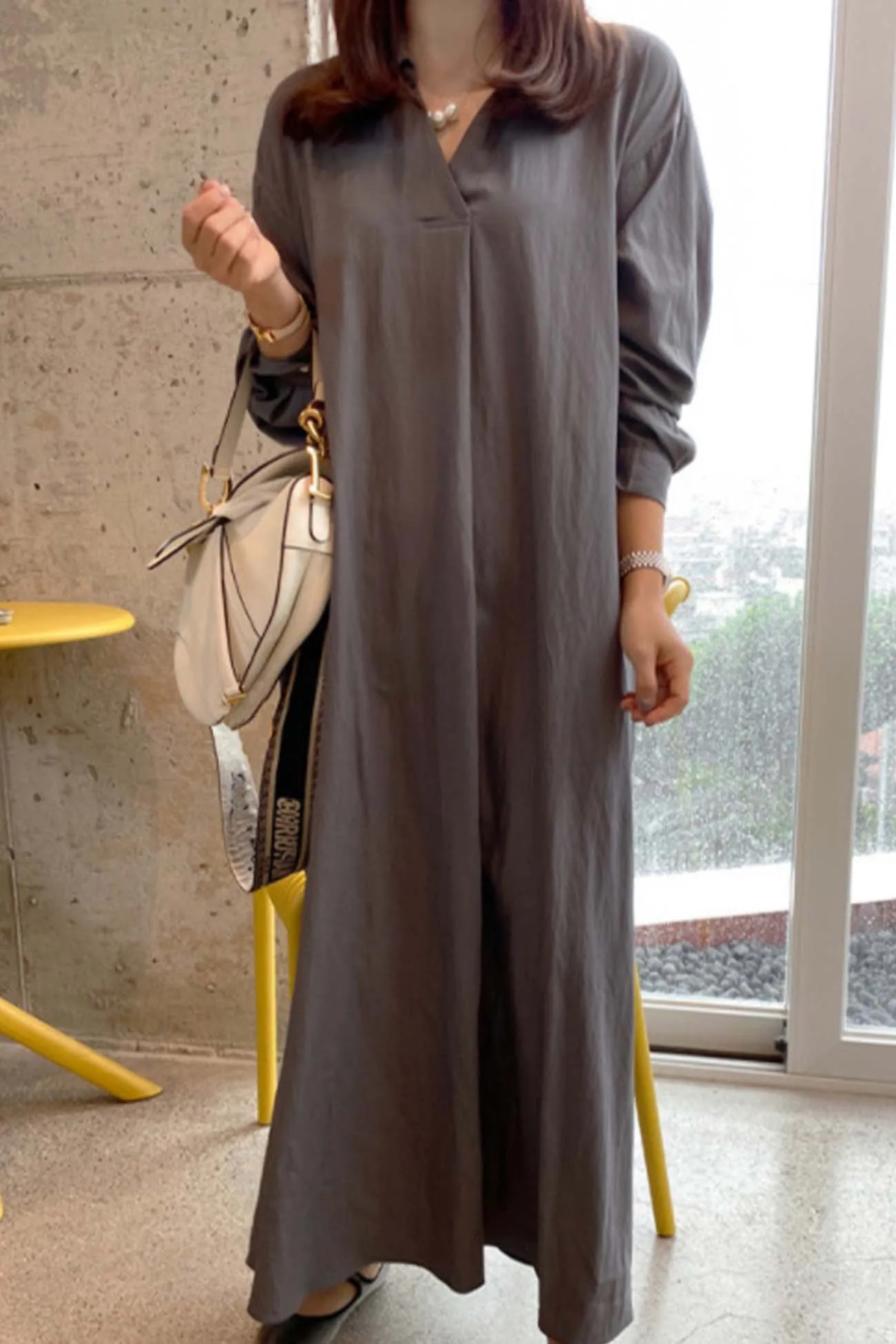 Solid Color Lapel V Neck Long Sleeve Dress