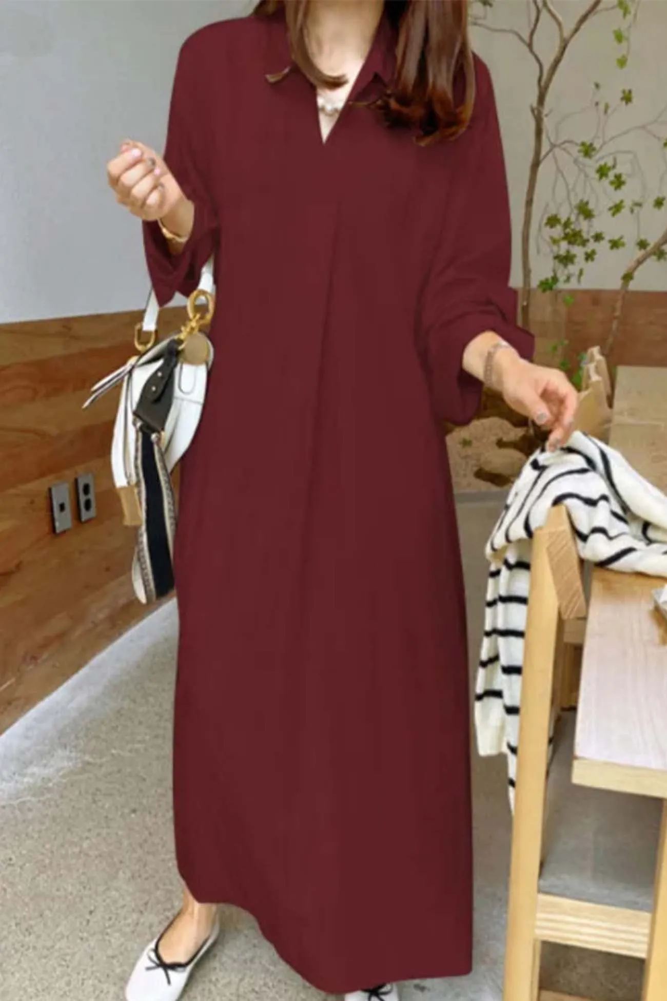 Solid Color Lapel V Neck Long Sleeve Dress