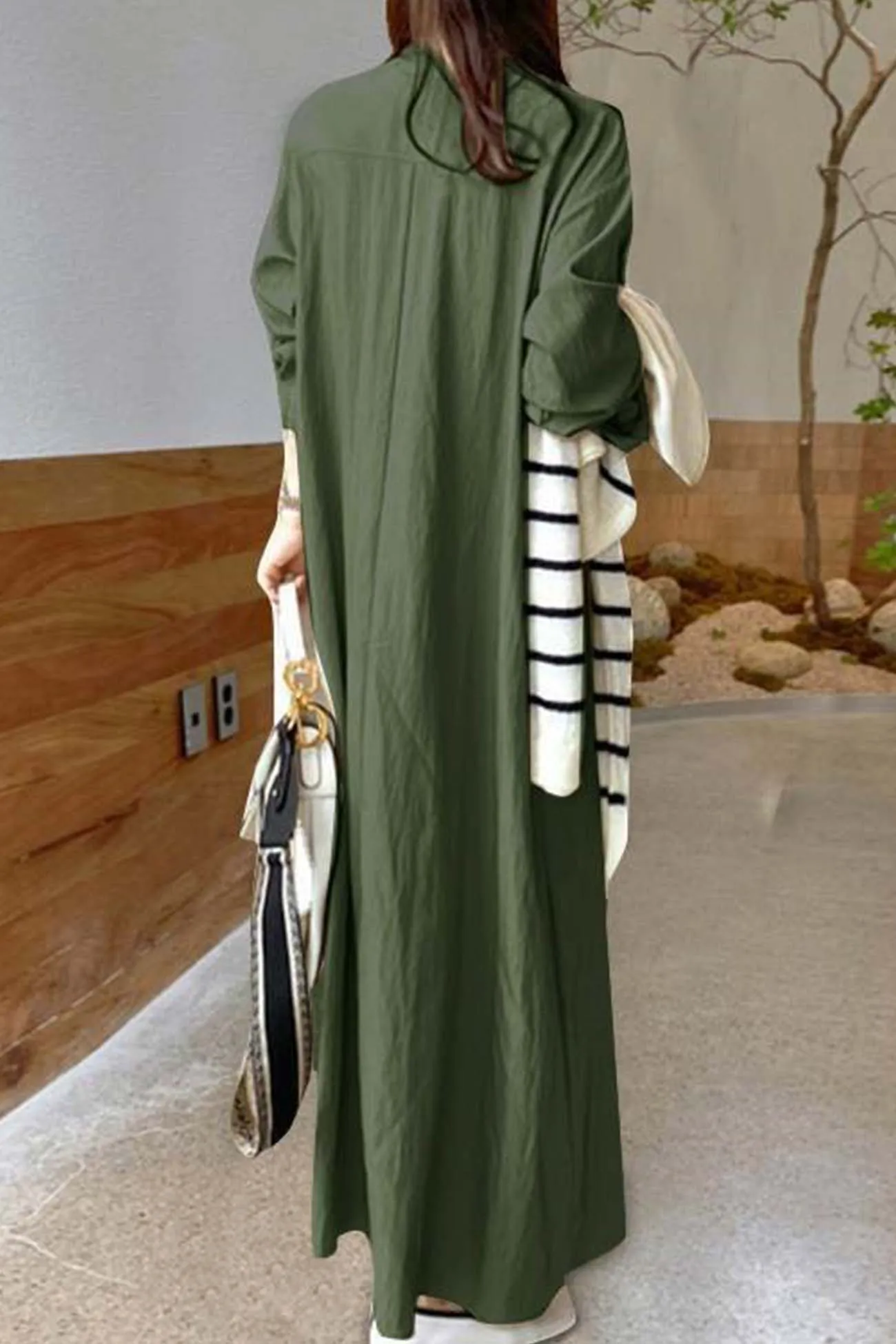 Solid Color Lapel V Neck Long Sleeve Dress