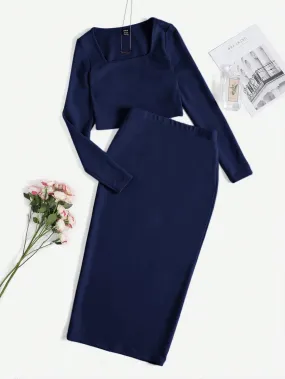 SOLID TOP & SPLIT HEM PENCIL SKIRT SET_ Navy Blue