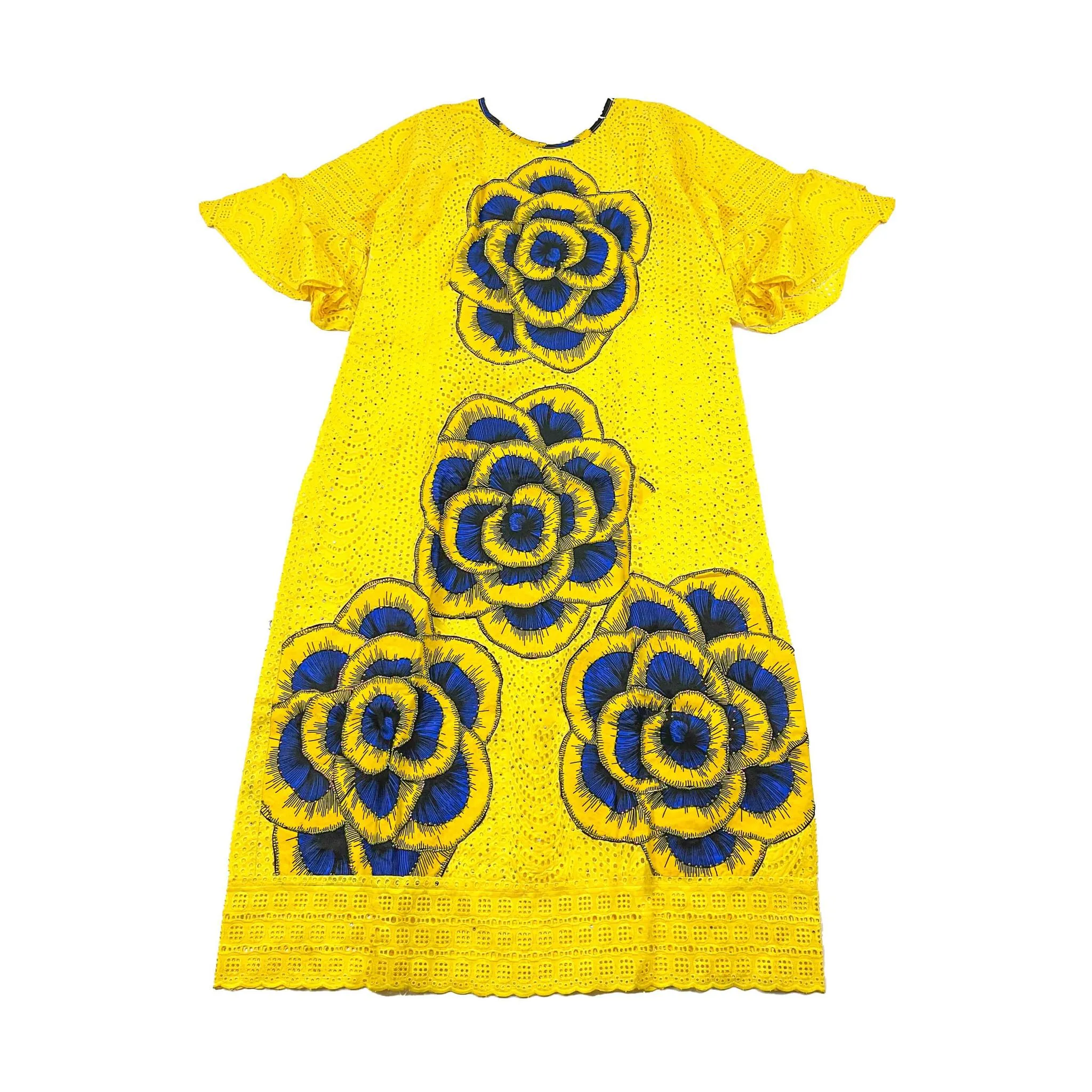Yellow & Blue Long Lace Ankara Swarovski Stoned Dress